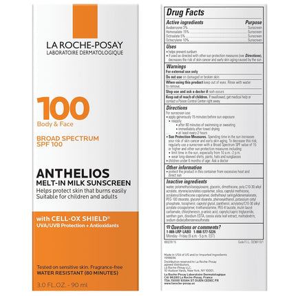 La Roche-Posay Anthelios Melt-In Milk Sunscreen SPF 100, Sunscreen for Body & Face, Broad Spectrum SPF + Antioxidants, Oil Free, for Sun Sensitive Skin, Oxybenzone Free