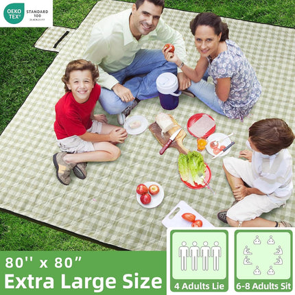 Extra Large Picnic Outdoor Blanket, 80''X80'' Waterproof Foldable Blankets Gingham Picnic Mat for Beach, Camping Grass Lawn Park Accessories Cute Couple Gifts Ideas Wedding Registry(Green White)