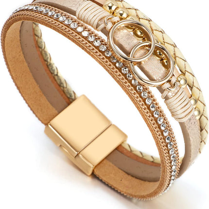 Leopard Bracelet for Women, Boho Leather Wrap Multi-Layer Pearl Crystal Bracelet Bangle Jewelry