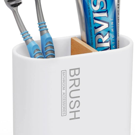 Toothbrush and Toothpaste Holder with Bamboo Divider for Bathroom Countertop Organizer, Detachable for Easy Clean, 2 Slots Electric Toothbrush Holders Storage Caddy Drainage for Family-White