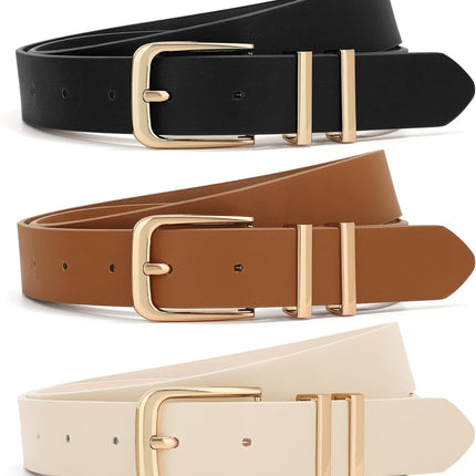 3 Pack Women Belts for Jeans Dresses Pants Ladies Leather Waist Belt with Gold Buckle