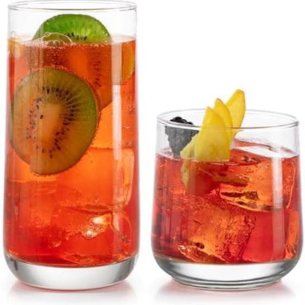 Ascent Tumbler and Rocks Drinking Glasses Set of 16, Glass Drinking Glasses with Curvature, Versatile Glassware Set for Parties and More
