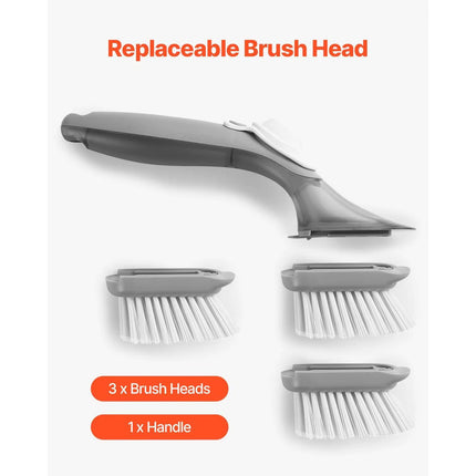 Transform Your Dishwashing Routine with Our Soap Dispensing Kitchen Scrub Brushes – 3 Brush Heads for Effortless Cleaning of Pots, Pans, and More!