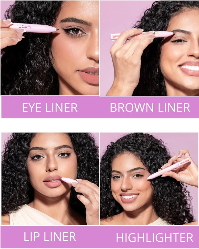 - 4 in 1 Makeup Touch up Pen with Nude Lip Liner, Black Eyeliner, Medium Brown Eyebrow Pencil, and Radiant White Matte Highlighter, Compact Beauty Pen, Smudge Proof, Vegan, Cruelty-Free