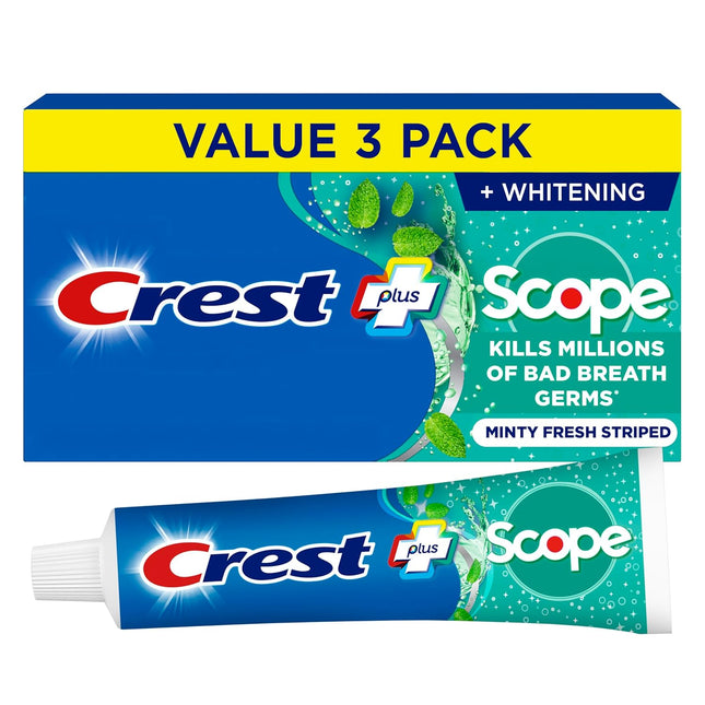 + Scope Whitening Toothpaste - Pack of 3, 5.4 Oz Tubes - Anticavity Fluoride Toothpaste, Fresh Breath, Kills Germs - Tartar Protection, Enamel Protection - Minty Fresh Flavor