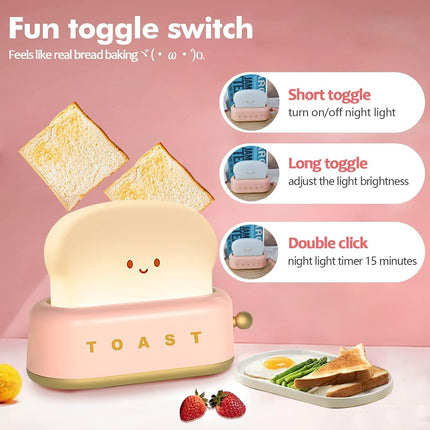 Cute Desk Decor Toaster Lamp, Kawaii LED Toast Bread Night Light Rechargeable and Portable Light with Timer, Christmas Gifts Ideas for Baby Kids Girls Teens Teenages