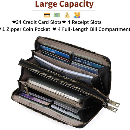 Women'S Wallet Large Capacity Double Zip Ladies Card Phone Holder RFID Blocking Wristlet Leather
