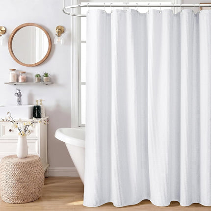 White Fabric Shower Curtain, Waffle Weave Heavy Duty Thick Fabric Shower Curtains for Bathroom, 256GSM Weighted Hotel Luxury Cloth Shower Curtain Set with 12 Plastic Hooks, 72Wx72H, White