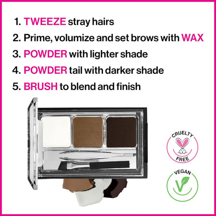 Ultimate Eyebrow Makeup Kit, Long-Lasting Matte Brow Powder, Tweezers, Wax & Brush, Built-In Mirror, Purse-Friendly Compact - Dark Brown