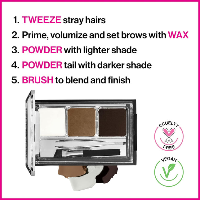 Ultimate Eyebrow Makeup Kit, Long-Lasting Matte Brow Powder, Tweezers, Wax & Brush, Built-In Mirror, Purse-Friendly Compact - Dark Brown