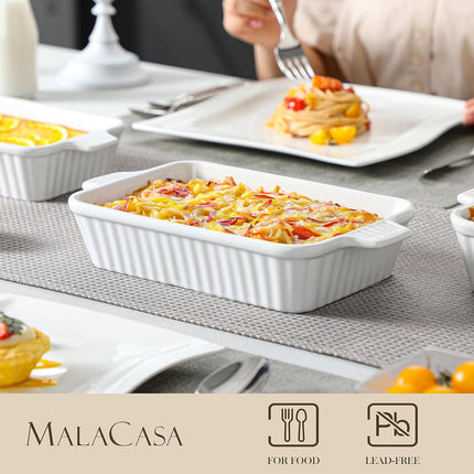 Ceramic Casserole Dish Set of 4 – Rectangular Porcelain Baking Dishes with Handles, Oven-Safe Lasagna Pans for Baking, Roasting & Serving, White