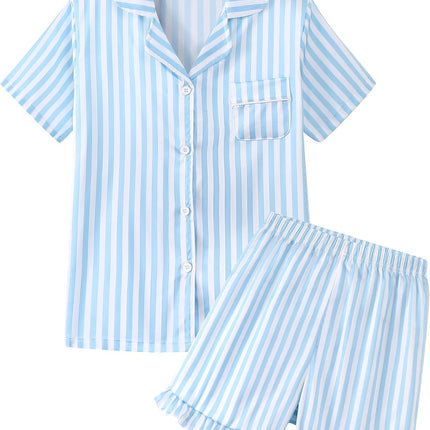 Girls Pajamas 2 Piece Summer Soft Silk Satin Short Sleeve Pajama Set Cute Pjs Sleepwear for Kids Size 6-16 Years
