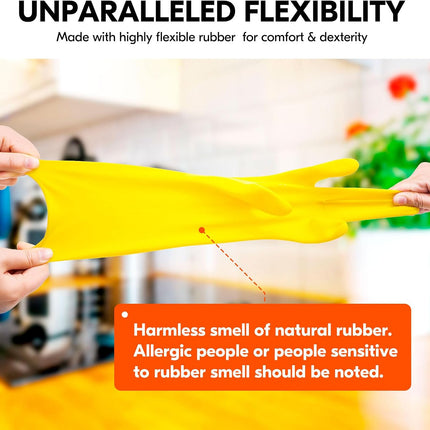 3-Pairs Reusable Household Gloves, Rubber Dishwashing Gloves, Extra Thickness, Long Sleeves, Kitchen Cleaning, Working, Painting, Gardening, Pet Care (Size L, Yellow, HH4601)