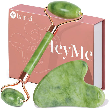 Icyme Gua Sha & Jade Roller Set, Cooling Face Roller & Guasha Tool for Face Depuffing, Facial Sculpting & Jawline Definition, Smooth Rolling Skincare Tools Gifts for Women & Men – Green