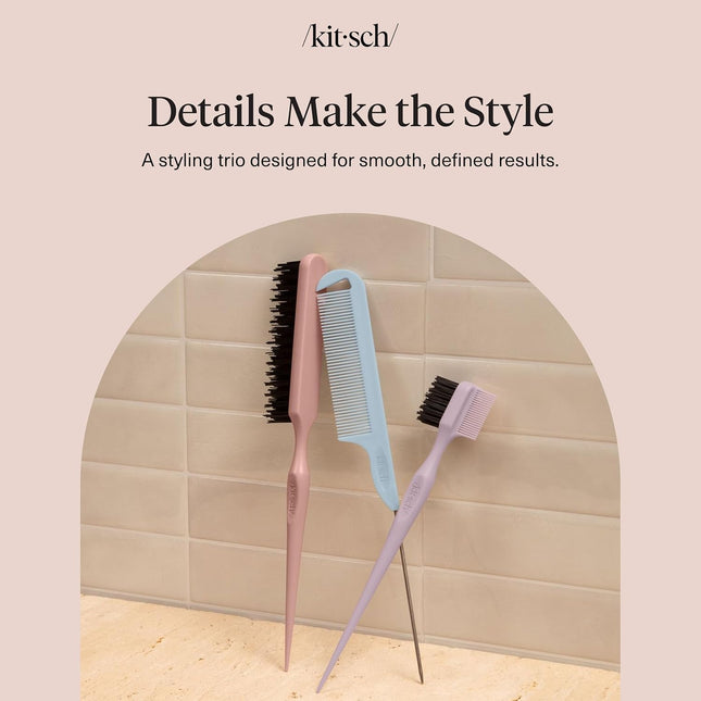 Kitsch Slick Back Hair Brush – Hair Styling Combs Kit with Pintail Comb, Edge Brush & Teasing Tool, Comb Set for Precision Parts, Smooth Edges, Volume & Slick Back Brush for Styling
