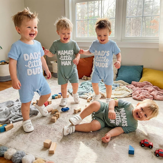 Newborn Infant Baby Boy Summer Jumpsuit Letter Embroidery Short Sleeve Crew Neck Romper Waffle Outfit