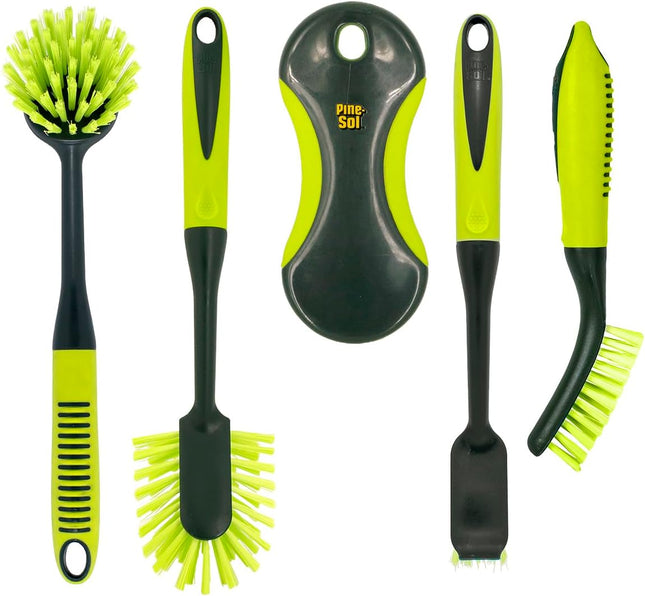 Scrub Brush Set - Long Handle Cleaning Brushes with Heavy Duty Bristles and Comfort Grip - Scrubbers for Kitchen, Household, and Dishwashing, 5 Pieces