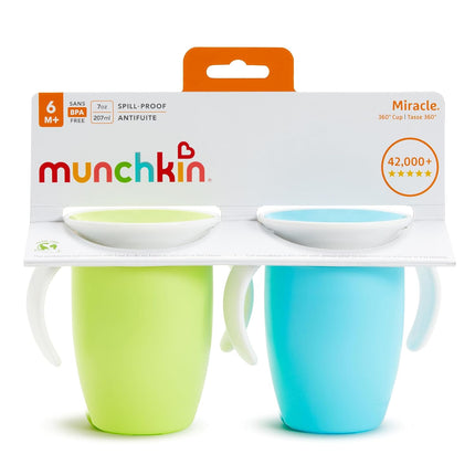 Miracle 360 Sippy Cup for 6 Month Old, Spill Proof Baby and Toddler Cups with Transition Handles, 7 Ounce, 2 Pack, Blue/Green