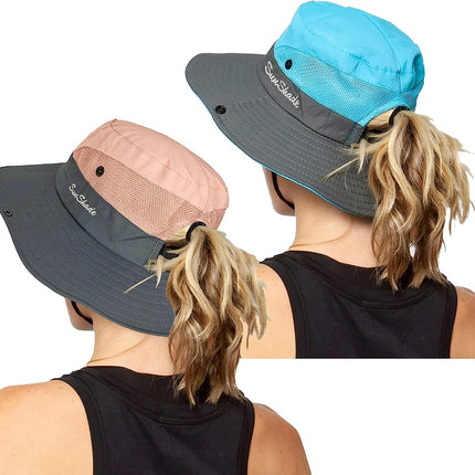 Women'S Outdoor Uv-Protection-Foldable Sun-Hats Mesh Wide-Brim Beach Fishing Hat with Ponytail-Hole