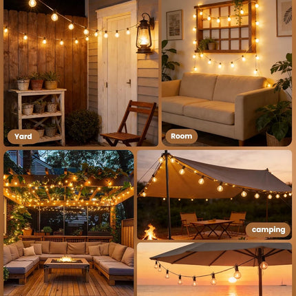 Outdoor String Lights 29 Feet G40 LED Patio Lights, Plug-In, 13 Plastic Edison Bulbs(1 Spare), Waterproof Connectable Hanging Light for Backyard Porch Balcony Party Decor, E12 Base, Black