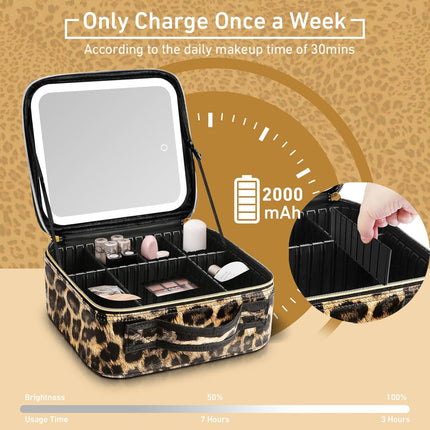 Makeup Bag with Light up Mirror, Travel Makeup Case with Mirror and Lights, Lighted Cosmetic Train Case with 3 Color Settings, Make up Organizer Bag with Adjustable Dividers Brush Board