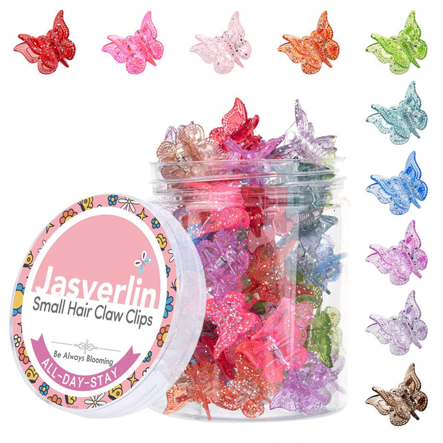 Glitter Mini Butterfly Hair Claw Clips, Sparkly Colorful Hair Accessories for Girls and Women - 90S Y2K Cute, Small, Tiny Clip in 10 Assorted Colors, Set of 50 (Glitter)