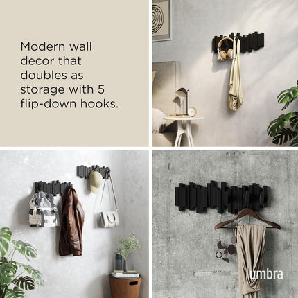 Sticks Wall Mount Coat Rack, 5 Hook Retractable Pegs, Black | Mounting Hardware Included, Sculptural Modern Design, Entryway or Bedroom Use, Recycled Plastic