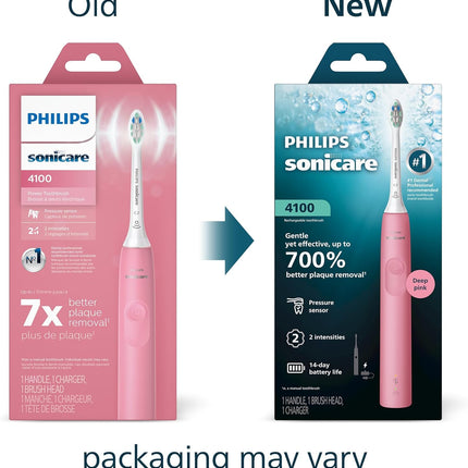 4100 Series Electric Toothbrush - Sonic Toothbrush with Advanced Sonic Technology, Pressure Sensor, Two Intensity Settings, Smartimer & Quadpacer, Deep Pink, Model HX3681/26