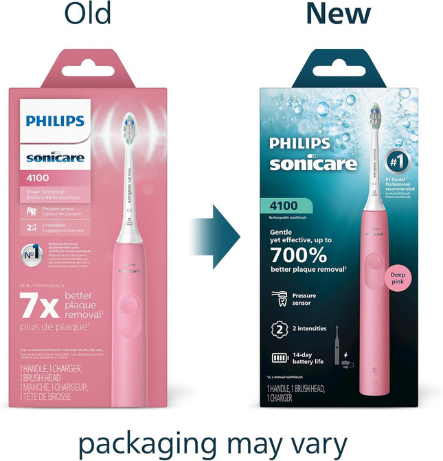 4100 Series Electric Toothbrush - Sonic Toothbrush with Advanced Sonic Technology, Pressure Sensor, Two Intensity Settings, Smartimer & Quadpacer, Deep Pink, Model HX3681/26