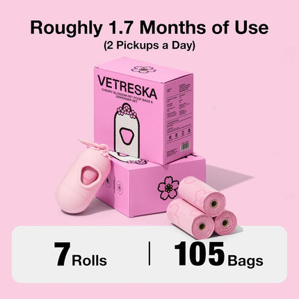 Dog Poop Bag Dispenser with Cherry Blossom Scented Poop Bags, Leak Proof and Extra Thick Pet Waste Bags, 1 Poop Bag Holder and 105 Bags for Dog Walking and Cats Litter, Pink