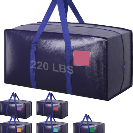 6 Pack Moving Bags Heavy Duty 210GSM with Full-Open Side Zipper, 93L 220Lbs Waterproof Foldable Storage Totes for College Dorm Move-In, Moving Boxes Alternative & Home Organization, Blue