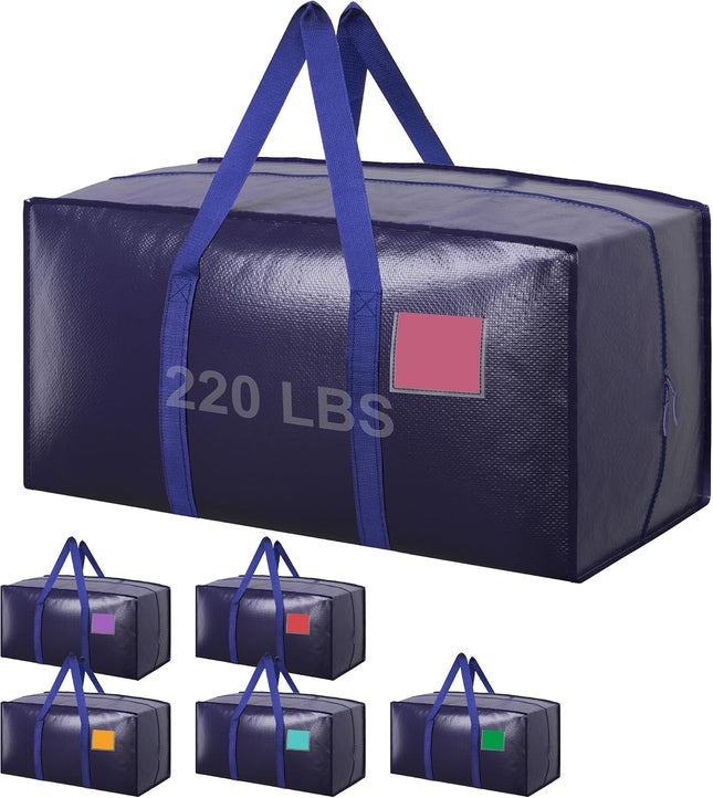 6 Pack Moving Bags Heavy Duty 210GSM with Full-Open Side Zipper, 93L 220Lbs Waterproof Foldable Storage Totes for College Dorm Move-In, Moving Boxes Alternative & Home Organization, Blue