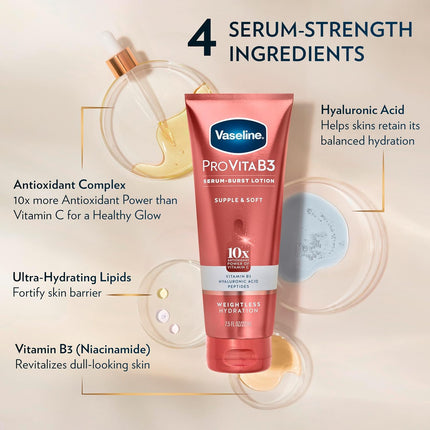 Vaseline Pro Vitab3 Serum Burst Lotion Supple & Soft Healthy, Hydrated Skin, Lightweight 10X Antioxidant Power of Vitamin C with Vitamin B3, Hyaluronic Acid & Peptides, 7.5 Fl Oz