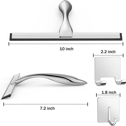 All-Purpose Stainless Steel Shower Squeegee for Shower Glass Door with 2 Adhesive Hooks, Bathroom Cleaner Tool Household Window Mirror Squeegee , Cleaning Tile Wall, Car, 10 Inch Silver