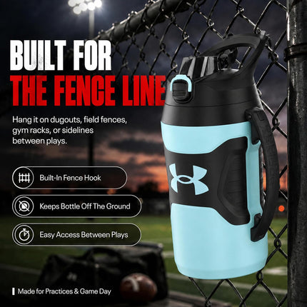 Insulated Water Bottle with Handle & Fence Hook, Half Gallon Sports Water Jug, Leak-Resistant & Bpa-Free for Baseball, Football & Gym - Breeze Blue/Black, 64Oz