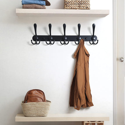 Coat Rack Wall Mounted - 5 Tri Hooks, Heavy Duty, Stainless Steel, Metal Coat Hook Rail for Coat Hat Towel Purse Robes Mudroom Bathroom Entryway (Black, 2 Packs)