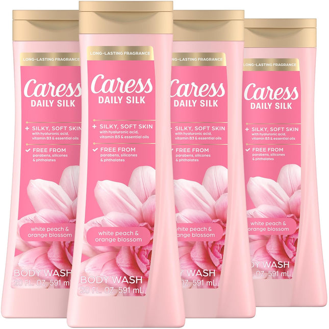 Body Wash for Women, Daily Silk White Peach & Orange Blossom, Shower Gel Body Wash Moisturizing for Noticeably Silky, Soft Skin, 20 Fl Oz, 4 Pack