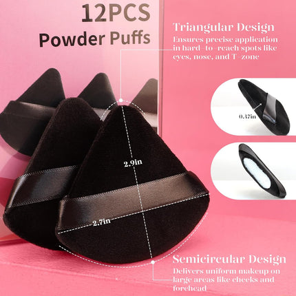 Powder Puff, 12Pcs Face Triangle Powder Puffs for Loose & Foundation | Black Velvet Makeup Puff for Contouring & Baking, Ultra-Soft Cloud Kiss Makeup Tools for Setting, Reusable & Washable