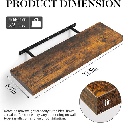 Floating Shelves Set of 2, 22.5 Inches Farmhouse Rustic Wood Wall Mounted Shelves for Bathroom, Bedroom, Living Room or Kitchen, Hanging Shelf Decor Book with 22Lbs Capacity, Rustic Brown