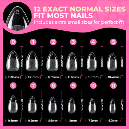 Short Almond Nail Tips: 504PCS Short Fake Nails Soft Press on Gel Nail Tips Pre Shaped Almond Shape Home Nail Extension Full Cover, 12 Sizes Acrylic Gelly Tips