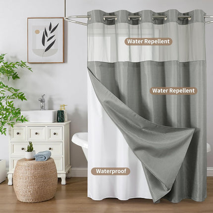 No Hook Shower Curtain with Snap in Fabric Liner, Waffle Weave Heavy Duty Thick Shower Curtains with Mesh Top Window, Hotel Style Waterproof Bathroom Curtain Set, 72 X 75 Inch, Grey