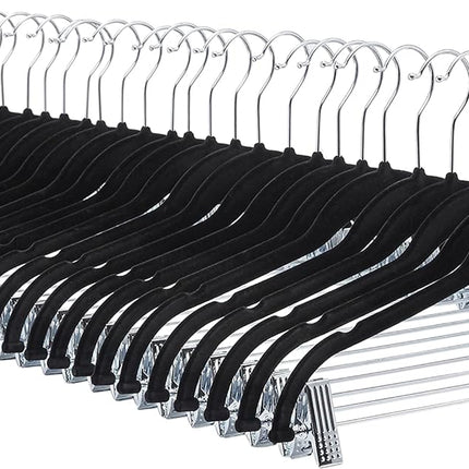 Velvet Non-Slip Skirt Clothes Hangers with Clips, 360 Degree Rotatable Hook, Organize Pants and Skirts, Black/Silver, 24-Pack