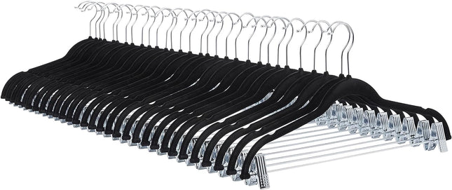 Velvet Non-Slip Skirt Clothes Hangers with Clips, 360 Degree Rotatable Hook, Organize Pants and Skirts, Black/Silver, 24-Pack