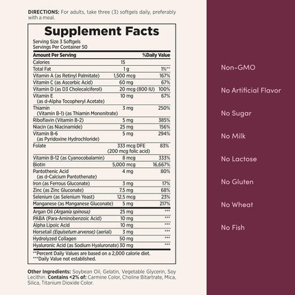 Advanced Hair, Skin & Nails, Argan-Infused Vitamin Supplement with Biotin and Hyaluronic Acid, 150 Rapid Release Softgels, 50 Total Servings