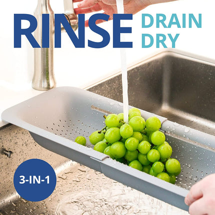 over the Sink Colander Strainer Basket - Wash Vegetables and Fruits, Drain Cooked Pasta and Dry Dishes - Extendable - New Home Kitchen Essentials (Grey, 1 Pack)