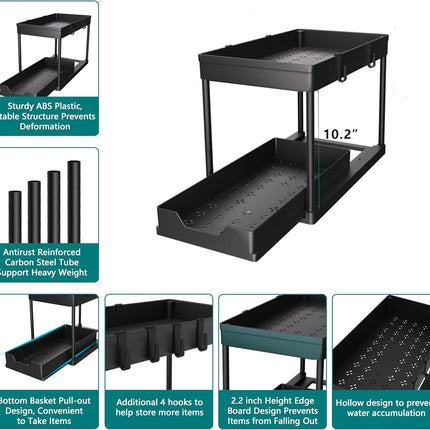 under Sink Organizer 2 Pack, Bathroom Cabinet Organizer, 2 Tier Sliding Cabinet Basket Organizer Drawer, Multi-Purpose Bath Collection Baskets for Bathroom (Black)