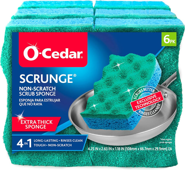 O-Cedar Scrunge Non-Scratch Scrub Sponge (Pack of 6) | Rinse-Clean Surface | Safe for Nonstick Cookware, Glass & All Hard Surfaces