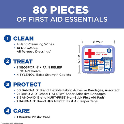 BAND-AID Brand Travel Ready Portable Emergency First Aid Kit, Minor Wound Care, Perfect for Home, Car, Camping, Travel & Outdoor Essentials, Supplies Include Bandages, Neosporin & Tylenol, 80 Piece