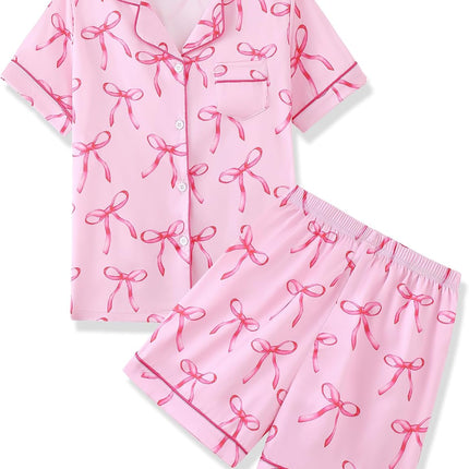 Girls Pajamas 2 Piece Summer Soft Silk Satin Short Sleeve Pajama Set Cute Pjs Sleepwear for Kids Size 6-16 Years