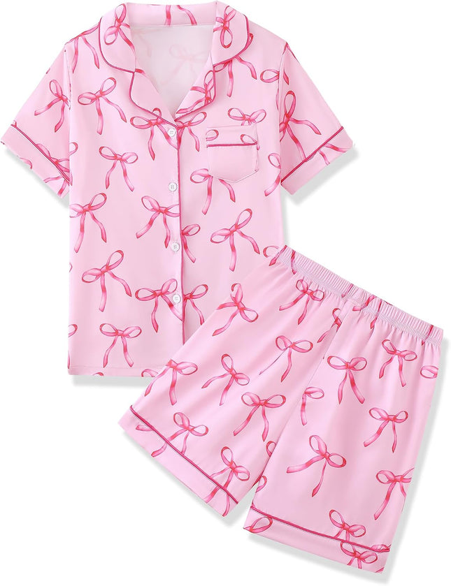 Girls Pajamas 2 Piece Summer Soft Silk Satin Short Sleeve Pajama Set Cute Pjs Sleepwear for Kids Size 6-16 Years